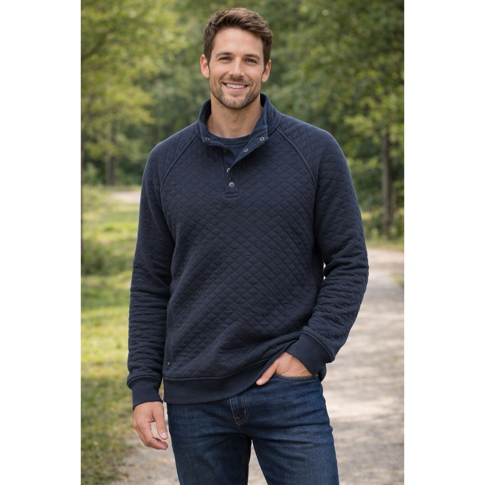 Eddie BauerNavy Men's Quilted Pullover, Long Sleeve  ,‎ Quarter Button Up